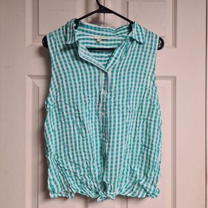 [NWOT] SAINT TROPEZ WEST Women's White+Teal Checkered Sleeveless Top | Size: M